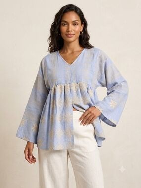 Generation Love Powder Blue Embroidered V-Neck Babydoll Tunic
